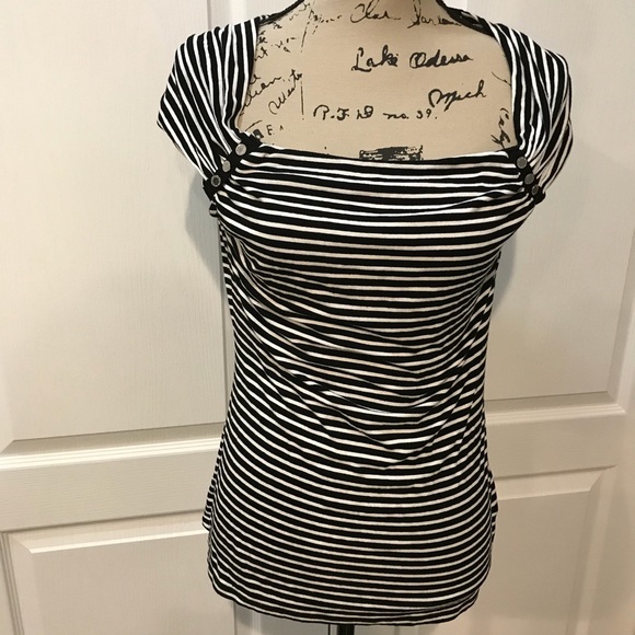 WHBM Black/white stripe cap sleeve top w/silver S - Picture 1 of 5